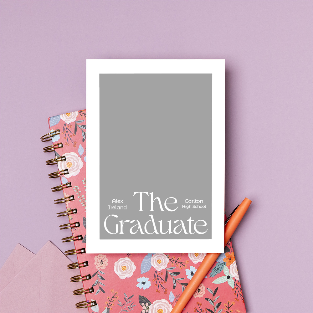 WHCC 2024 5x7 flat card vertical pink scene with pen and notebook the Graduate Modern preview